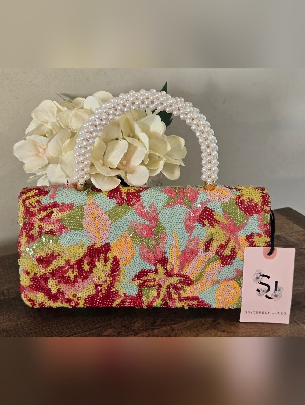 Floral Beaded Clutch with Pearl Handle - Multicolor